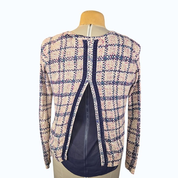 Lucky Brand Womens Small Plaid Split Back Layered Knit Top Navy Pink Cream S - Picture 4 of 10
